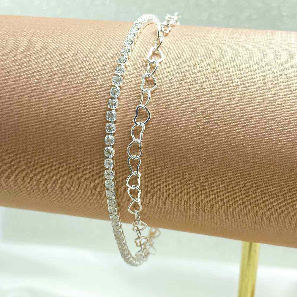 PULSEIRA DUPLA CORA��O E PEDRINHAS PRATEADO FOLHEADO - COM BRINDE 